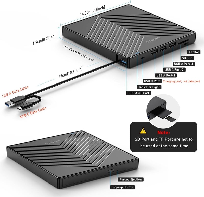 ORIGBELIE Külső DVD Meghajtó USB 3.0 4 USB Port SD Kártya Olvasó Laptop Mac PC