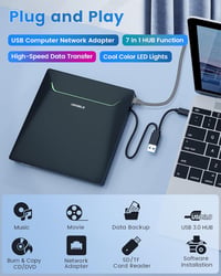 ORIGBELIE USB 3.0 Külső DVD Író/Olvasó RJ45 Ethernet Adapterrel, 3 USB és 2 TF/SD Kártyaolvasóval, Hordtáskával - Windows, Mac, Linux Kompat 2