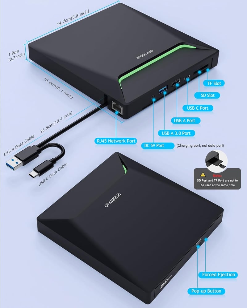 ORIGBELIE USB 3.0 Külső DVD Író/Olvasó RJ45 Ethernet Adapterrel, 3 USB és 2 TF/SD Kártyaolvasóval, Hordtáskával - Windows, Mac, Linux Kompat
