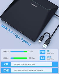 ORIGBELIE USB 3.0 Külső DVD Író/Olvasó RJ45 Ethernet Adapterrel, 3 USB és 2 TF/SD Kártyaolvasóval, Hordtáskával - Windows, Mac, Linux Kompat 4