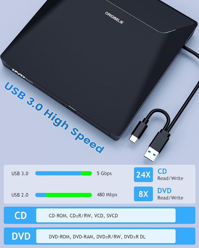 ORIGBELIE USB 3.0 Külső DVD Író/Olvasó RJ45 Ethernet Adapterrel, 3 USB és 2 TF/SD Kártyaolvasóval, Hordtáskával - Windows, Mac, Linux Kompat