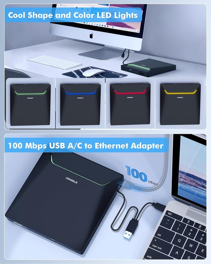 ORIGBELIE USB 3.0 Külső DVD Író/Olvasó RJ45 Ethernet Adapterrel, 3 USB és 2 TF/SD Kártyaolvasóval, Hordtáskával - Windows, Mac, Linux Kompat