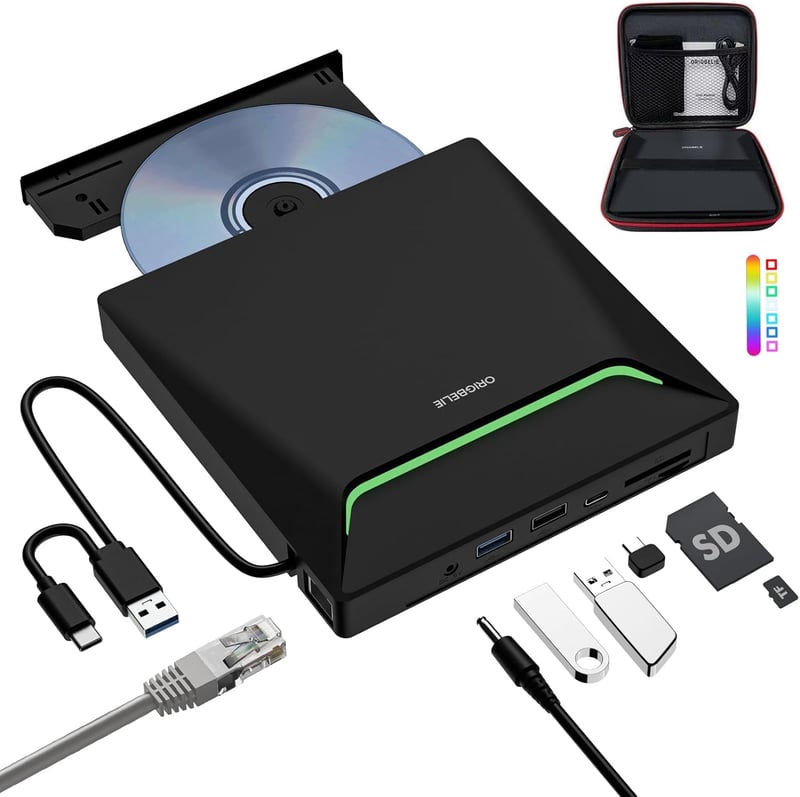 ORIGBELIE USB 3.0 Külső DVD Író/Olvasó RJ45 Ethernet Adapterrel, 3 USB és 2 TF/SD Kártyaolvasóval, Hordtáskával - Windows, Mac, Linux Kompat