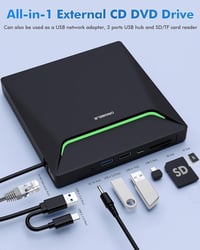 ORIGBELIE USB 3.0 Külső DVD Író/Olvasó RJ45 Ethernet Adapterrel, 3 USB és 2 TF/SD Kártyaolvasóval, Hordtáskával - Windows, Mac, Linux Kompat 3