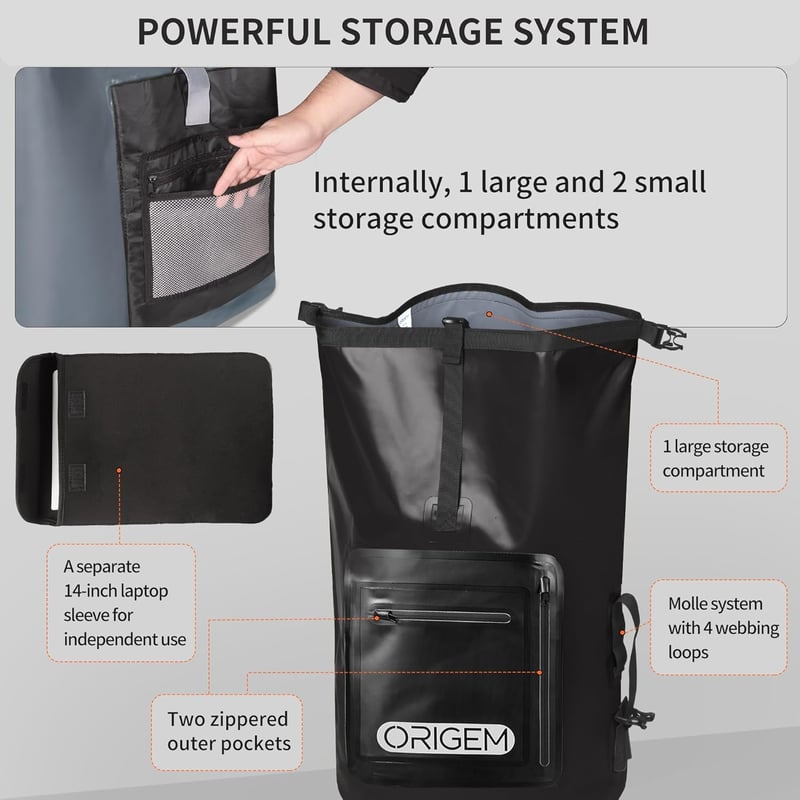 Origem Vízálló Hátizsák 35L Katonai Zöld - Rolltop Dry Bag Laptop Rekesszel Kajak Túrázás Horgászat Búvárkodás