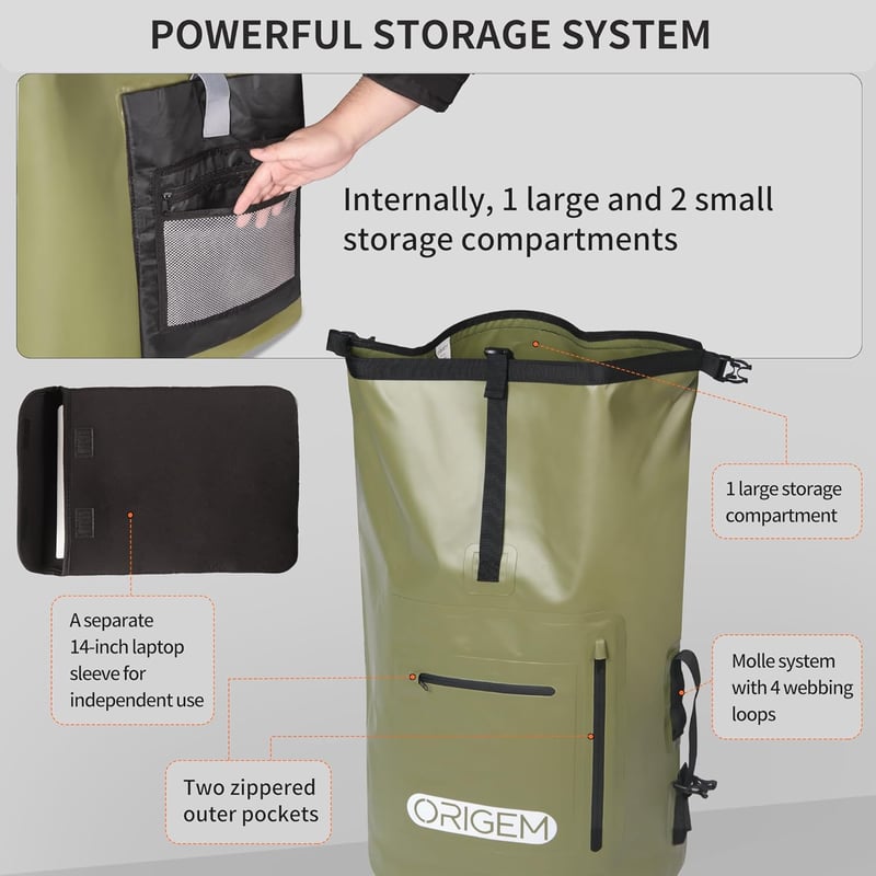 Origem Vízálló Hátizsák 35L Rolltop Zöld - Laptop Rekesz, Száraz-Nedves Rekesz, Kajakozás Túrázás Horgászat