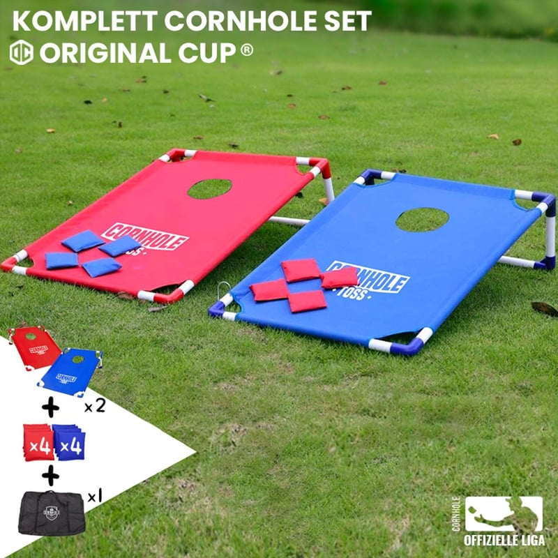 Original Cup Cornhole Játék Szett - Hivatalos Méretű Amerikai Ügyességi Játék - Hordozható PVC Keret, 8 Dobózsák, Táskával - Kerti, Strand,  - Cornhole Toss