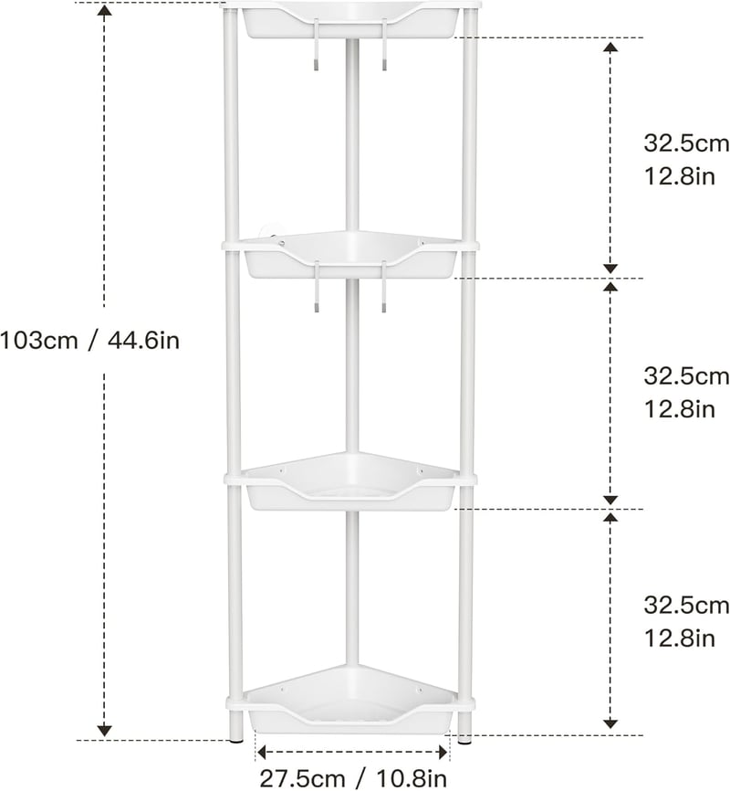 Orimade Rozsdamentes Zuhanyzó Polc Szett - 4 Részes Sarokpolc Rendszer 4 Akasztóval, Állványos, Műanyag-Fém, Fehér, 27,5x27,5x103 cm