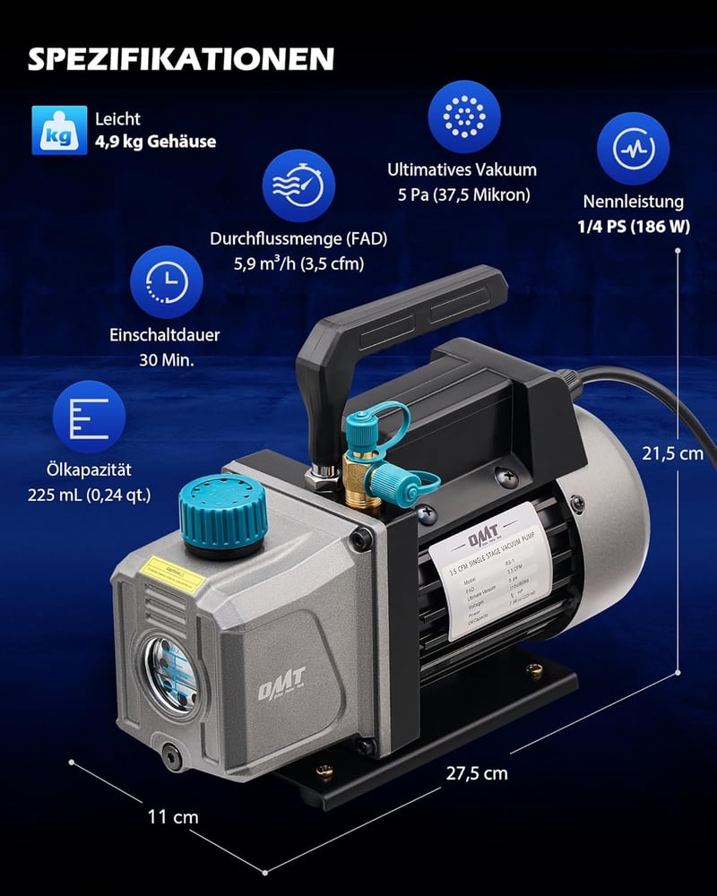 Orion Motor Tech 3.5 CFM Vákuumszivattyú Klímaberendezéshez R134a R12 R22 Nyomásmérővel