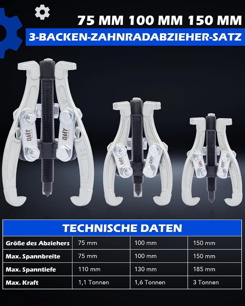 Orion Motor Tech 3 ágú csapágyhúzó készlet 75 100 150 mm külső belső, fém lehúzó járműkerekekhez, golyóscsapágyhoz