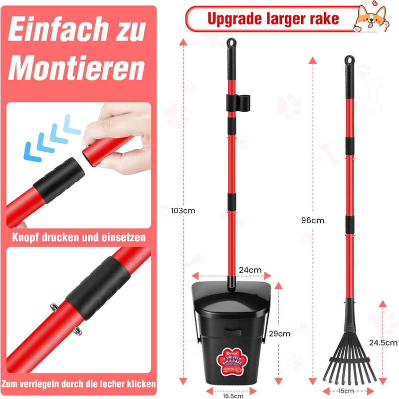 Ormalla Kutyaürülék Gyűjtő Forgó Tartállyal, 60 Zacskóval és Gereblyével - Red Swivel Bucket & Rake