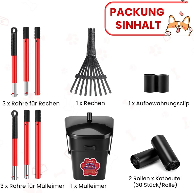 Ormalla Kutyaürülék Gyűjtő Forgó Tartállyal, 60 Zacskóval és Gereblyével - Red Swivel Bucket & Rake
