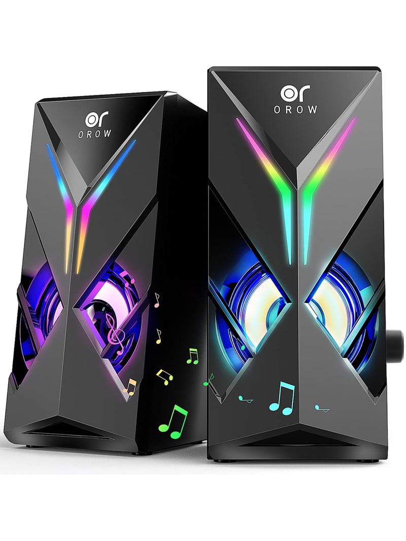 PC reproduktory OROW S201 10W s RGB LED podsvietením, herné reproduktory 2.0, 3,5 mm jack a USB, stolný mini reproduktor k notebooku a tabletu
