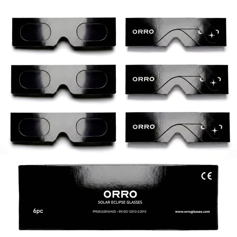 Ochelari pentru eclipsă solară ORRO 45 mm, pachet de 2/6/12 bucăți, negri, pot fi purtați peste ochelari de vedere, protecție oculară certificată, EN ISO 12312-2:2015, marcați CE