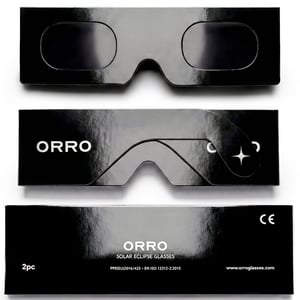 Ochelari pentru eclipsa solară ORRO, 45 mm, negri, 2 bucăți, pot fi purtați peste ochelarii de vedere, certificați CE EN ISO 12312-2:2015, ochelari de protecție solară