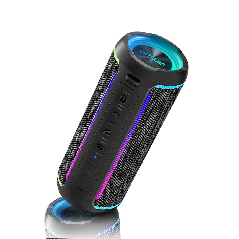 Bluetooth reproduktor Ortizan s LED osvetlením, 40W hlboké basy, Bluetooth 5.3, vodeodolnosť IPX7, 30 hodín prehrávania, 18x8x8 cm, čierny, na párty a vonkajšie použitie