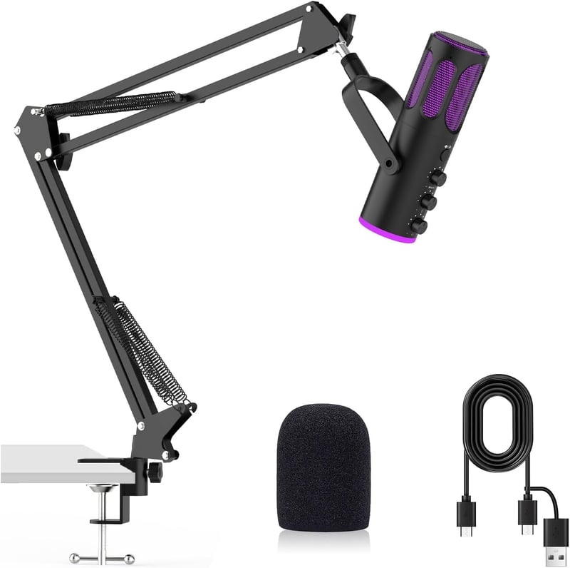 Herný USB mikrofón Ortizan C1 s ramenom, funkciou stlmenia, RGB podsvietením a pop filtrom – čierny