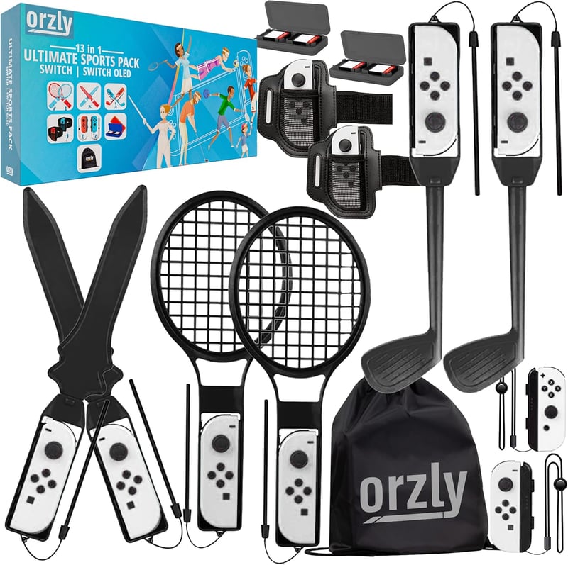 Orzly Nintendo Switch Kiegészítő Csomag - Teniszütő, Golfütő, Chambara Kard, Lábpánt és Joy-Con Markolat Hordtáskával - Fekete
