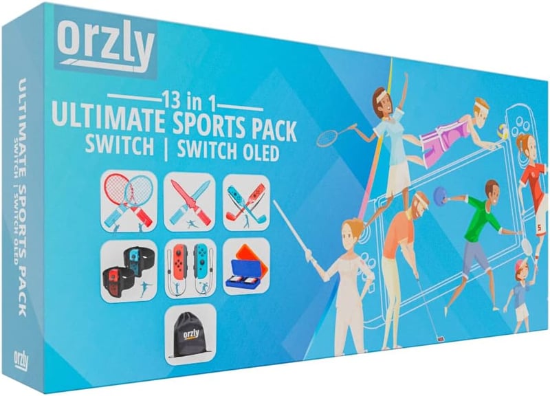 Orzly Nintendo Switch Kiegészítő Csomag - Teniszütő, Golfütő, Chambara Kard, Lábpánt és Joy-Con Markolat Hordtáskával - Fekete