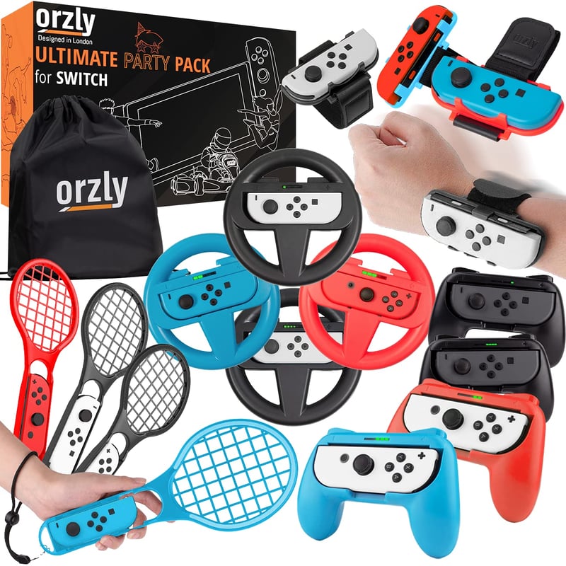 Orzly Nintendo Switch Parti Kiegészítő Szett Kontroller Grip-ekkel, Verseny Kormányokkal, Tánc Csuklópántokkal és Tenisz Ütőkkel - 16 Parti 