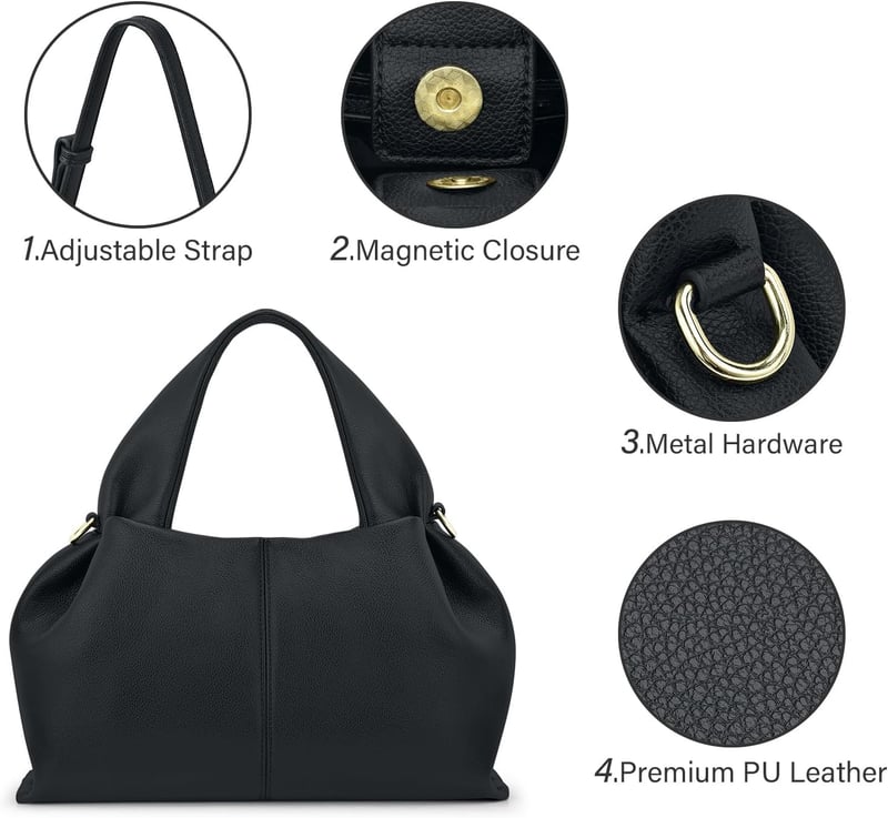 oscaurt Női Közepes Méretű Táska - PU Bőr Válltáska és Crossbody Táska, Felhő Alakú Kézitáska Levehető Pánttal, Fekete