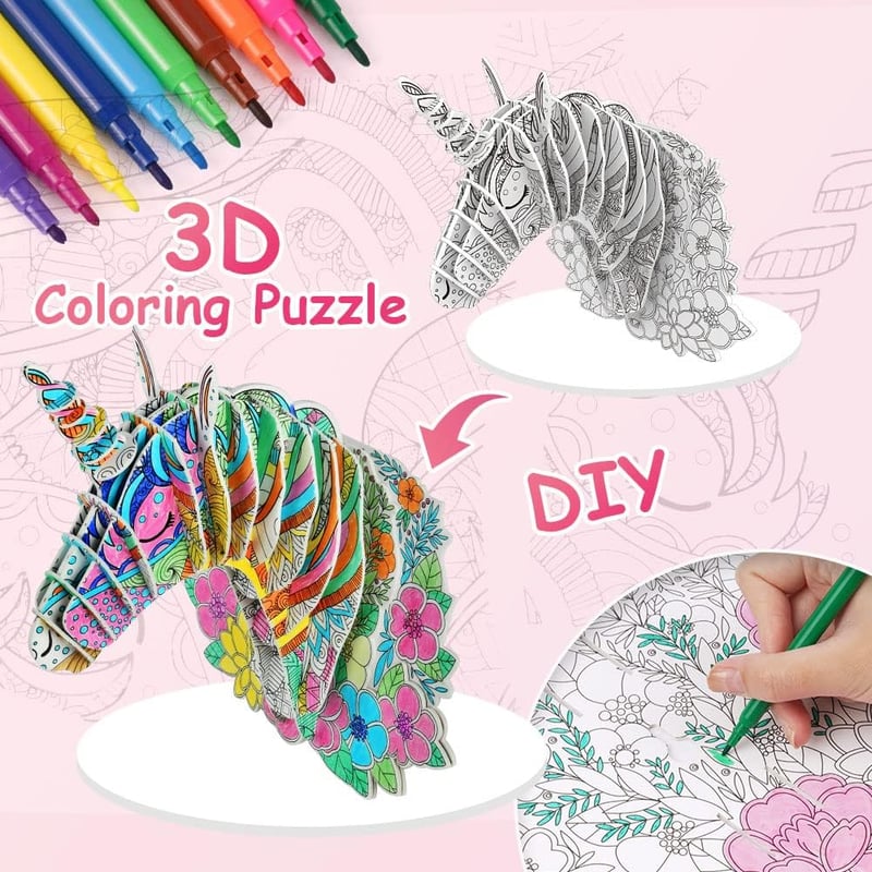 OSDUE 3D Unikornis Puzzle Színező Készlet - Kreatív Kézműves Szett 6-12 Éves Gyerekeknek - Fejlesztő Játék Lányoknak és Fiúknak - Születésna