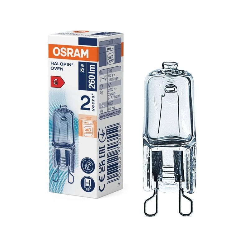 Halogénová žiarovka do rúry Osram Halopin G9 230V 25W - pre rúry a mikrovlnné rúry značiek Bosch, Neff, Siemens, Delonghi, Ocean, Fagor, odolná voči vysokým teplotám