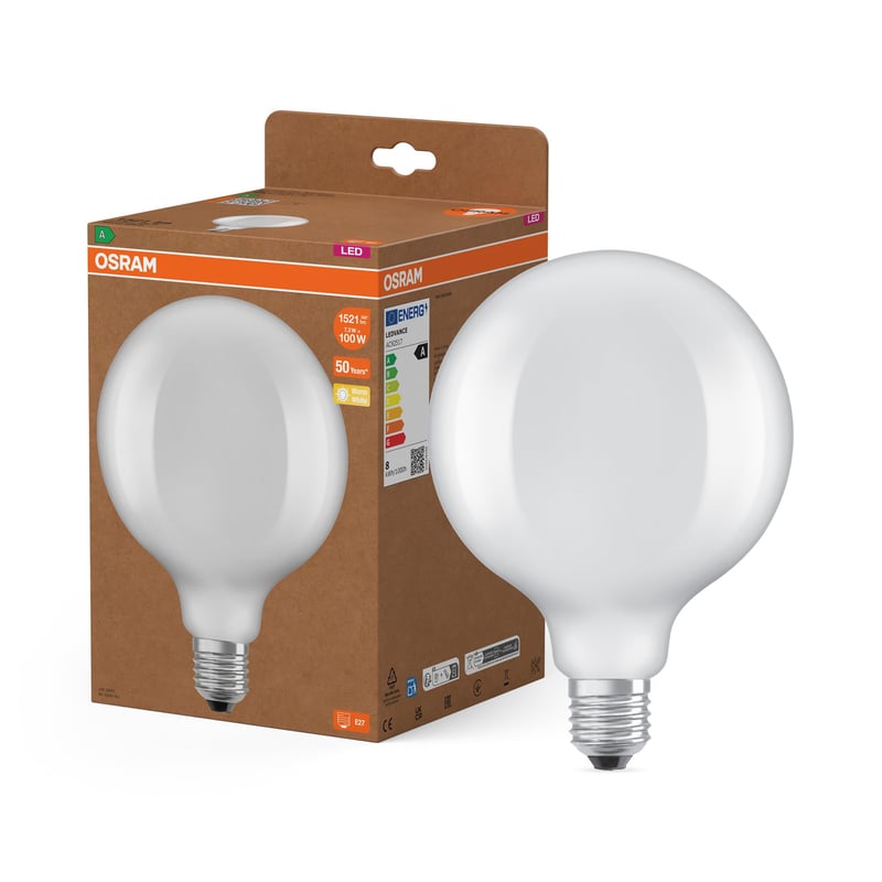 Bec LED Osram Classic Globe 125 Filament - Bec LED decorativ cu filament, E27, echivalent 100W, Clasa energetică A