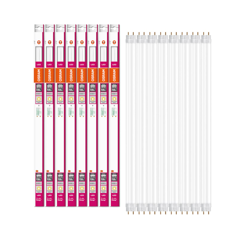 Tub LED Osram Substitube Pure cu soclu G13, 0,6 m, Alb cald (3000K), 6,6W, pentru înlocuirea tuburilor fluorescente de 18W, set de 8 bucăți