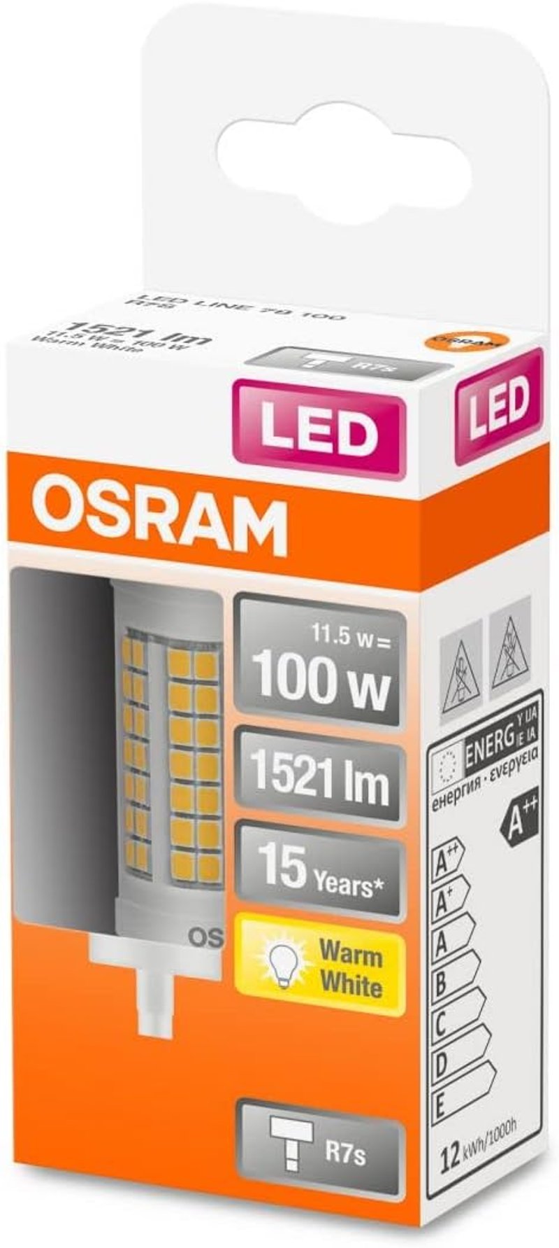 Tub LED OSRAM cu soclu R7s, 12W, Alb Cald 2700K, înlocuitor pentru halogen de 100W - 1 bucată (set de 1), Alb Cald - Înlocuiește 100W, lungime 78 mm