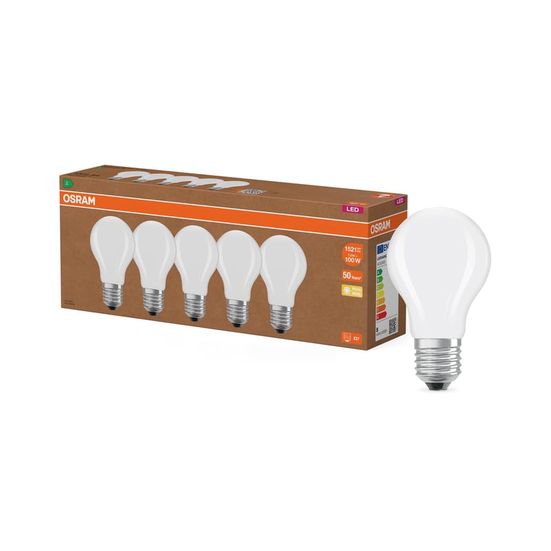 Bec LED Osram E27, set 5 bucăți, Clasa energetică A, echivalent 100W, alb cald 2700K, sticlă mată, sursă de lumină eficientă energetic