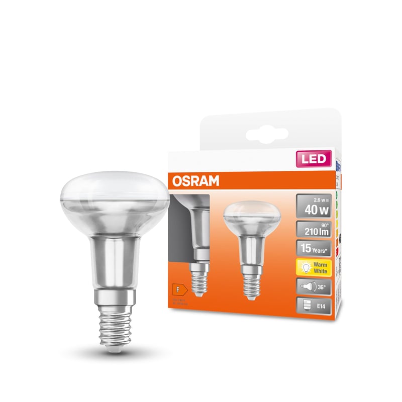 Bec reflector LED Osram Star R50, soclu E14, 2,6W, 210lm, alb cald, 2700K, pachet 2 bucăți