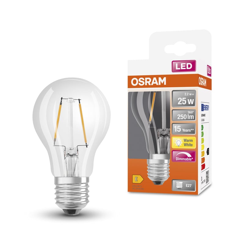 Bec LED Osram SuperStar Classic A25, Dimbil, E27, Formă pară, FIL, 250 Lumeni, Alb cald (2700K), Echivalent 25W, 1 buc.