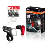 Nabíjateľná súprava cyklistických svetiel Osram LEDsBIKE Race 100 – predné a zadné LED svetlo so schválením StVZO a brzdovým svetlom, 3 úrovne jasu, 100 luxov 1