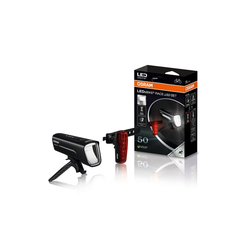 OSRAM LEDsBIKE Race 50 set punjivih svjetala za bicikl, prednje i stražnje LED svjetlo, 50 luksa, StVZO odobreno, bijela, 3 razine svjetline