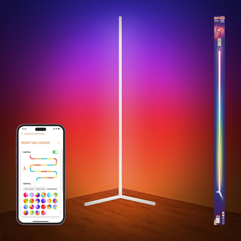 Osram Matter WiFi LED kutna podna lampa 1400 mm, 14W, RGBW, 2700-6500K, s daljinskim upravljačem, bijela, ambijentalna rasvjeta