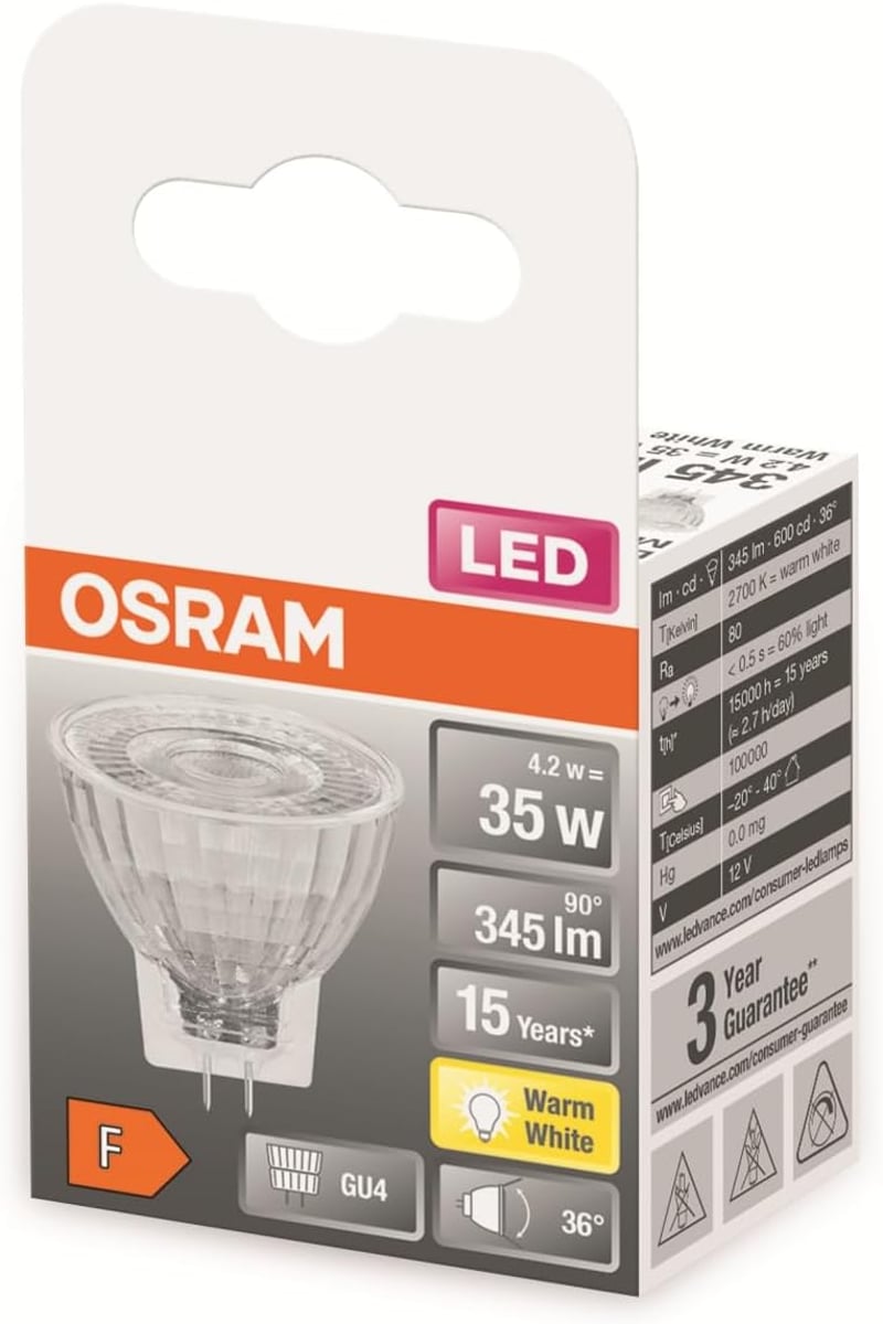 OSRAM MR11 LED Reflector 4,2W GU4 Meleg Fehér 2700K 12V Spot Lámpa - 1 piece (pack of 1), 2-Warm White, 35W Replacement for GU4 Base