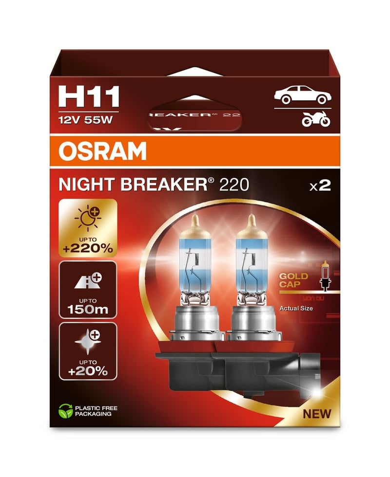 Halogénová žiarovka do svetlometov Osram Night Breaker 220 H11, +220 % jasu, 64211NB220-2HB, 2 ks