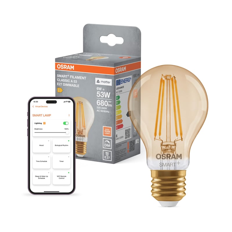 Bec LED Osram SMART+ A53 6W 2400K E27 Filament Auriu Dimmabil, control prin aplicație și voce, compatibil Matter