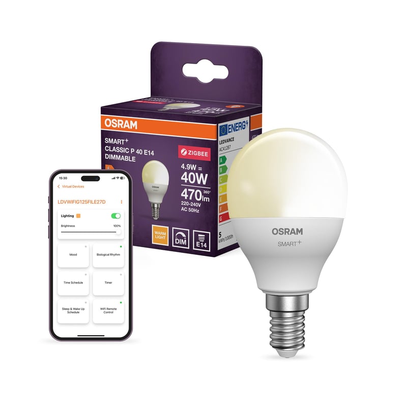 Bec inteligent LED Osram Smart P40 Miniball E14 4,9W ZigBee, reglabil, 2700K alb cald, compatibil cu sistemele smart home