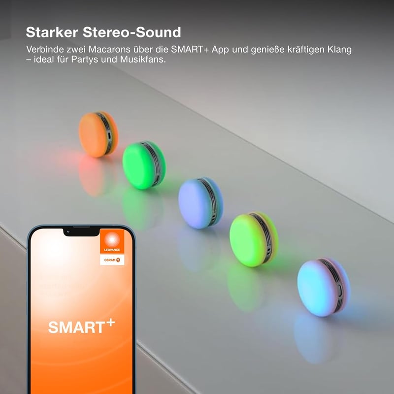 Osram Smart Macaron Bluetooth hangszóró forgó RGB LED fénnyel, zenesynch és app időzítővel