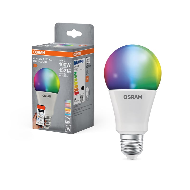 LED žiarovka Osram SMART+ RGBW E27 Matter over WiFi, kompatibilná s Alexa, náhrada 100 W, 2700 – 6500 K od teplej bielej po studenú bielu, 16 miliónov farieb RGB