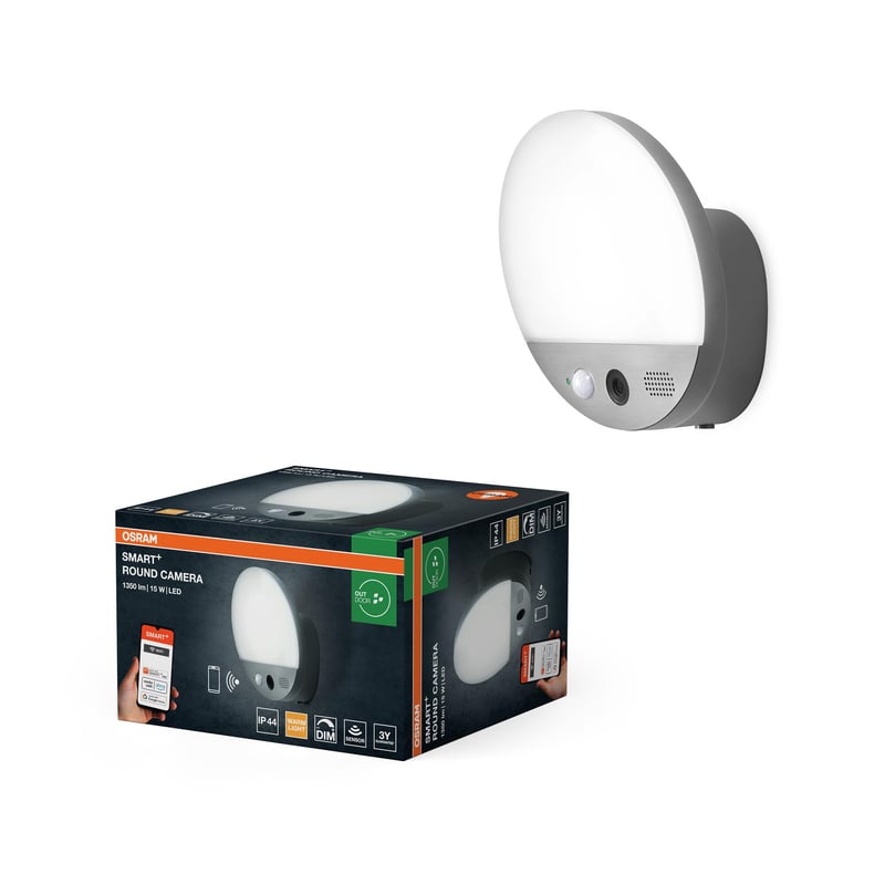 Lampă de exterior Osram Smart+ WiFi cu cameră HD integrată și senzor de mișcare, 3000K alb cald, IP44, pentru ușă de intrare și garaj