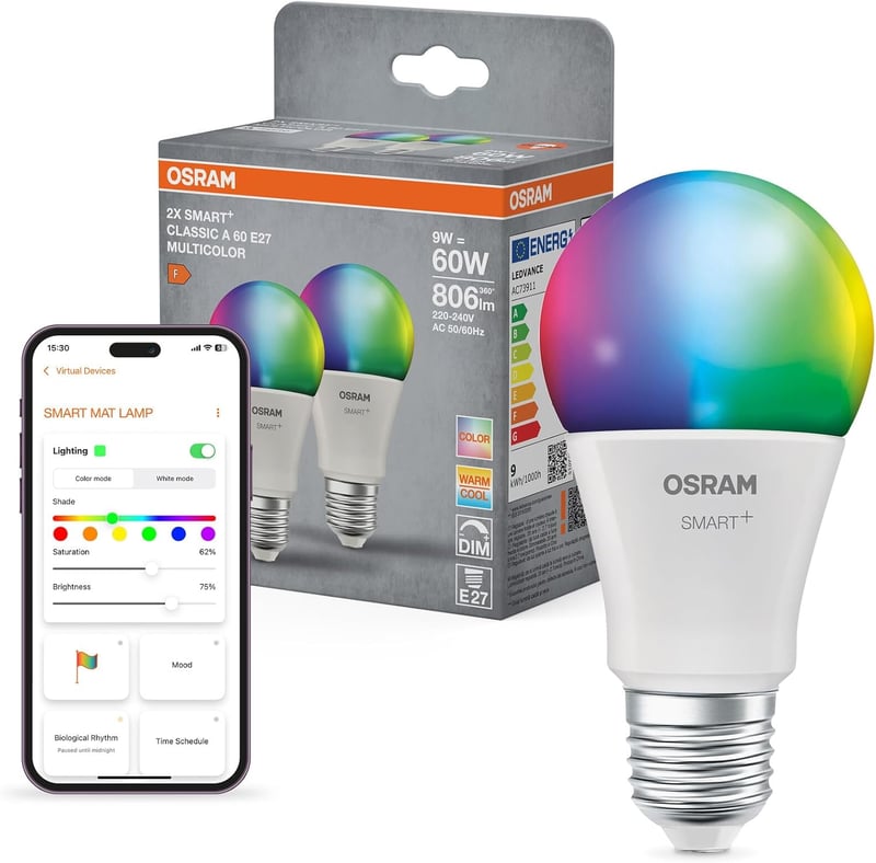 Osram SMART+ WiFi LED izzó E27 16 millió szín RGB 2700-6500K 2db - Pack of 2, Pear Shape, Rgbw, 60W replacement