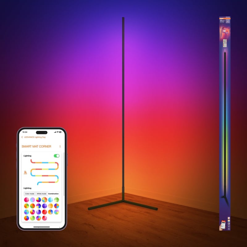 Osram WiFi RGBW rohová stojacia LED lampa 1400 mm 14 W čierna 2700-6500 K s diaľkovým ovládaním náladové osvetlenie