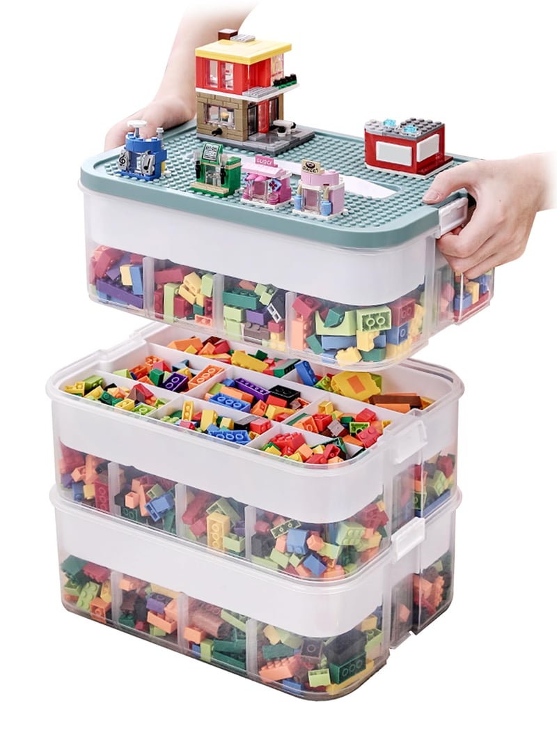 Priehľadný úložný box s vekom OSTWOLKE na Lego sady, 3-úrovňový plastový organizér na drobné súčiastky, s vyberateľným podnosom a nastaviteľnými priehradkami
