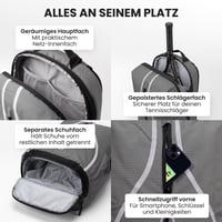 Tenisový batoh Otaro s priehradkou na obuv a notebook, pre 2 rakety, 30 l, s pláštenkou, unisex tenisová taška pre mužov a ženy 6
