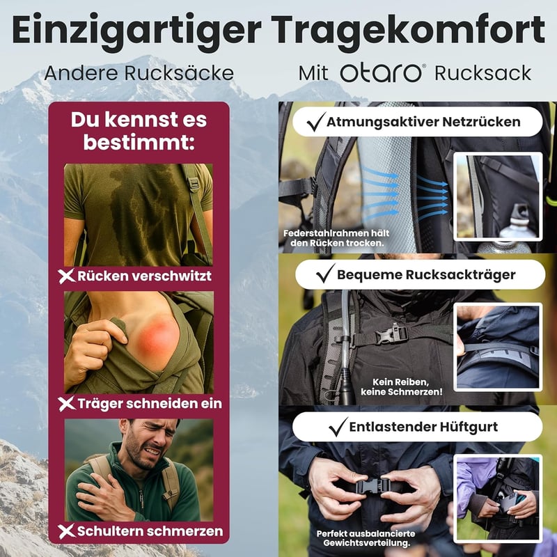 Otaro Túrahátizsák 20L - Szellőző Hátrendszerrel és Esővédővel, Unisex Túratáska Kiránduláshoz, Fekete Hátizsák Napi Túrákhoz