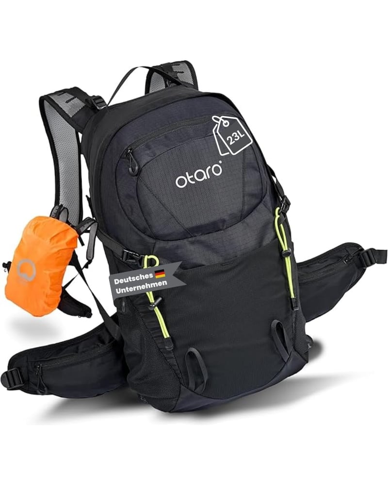 Turistický batoh Otaro 20L - S priedušným chrbtovým systémom a pláštenkou do dažďa, Unisex turistická taška na výlety, Čierny batoh na jednodňové túry