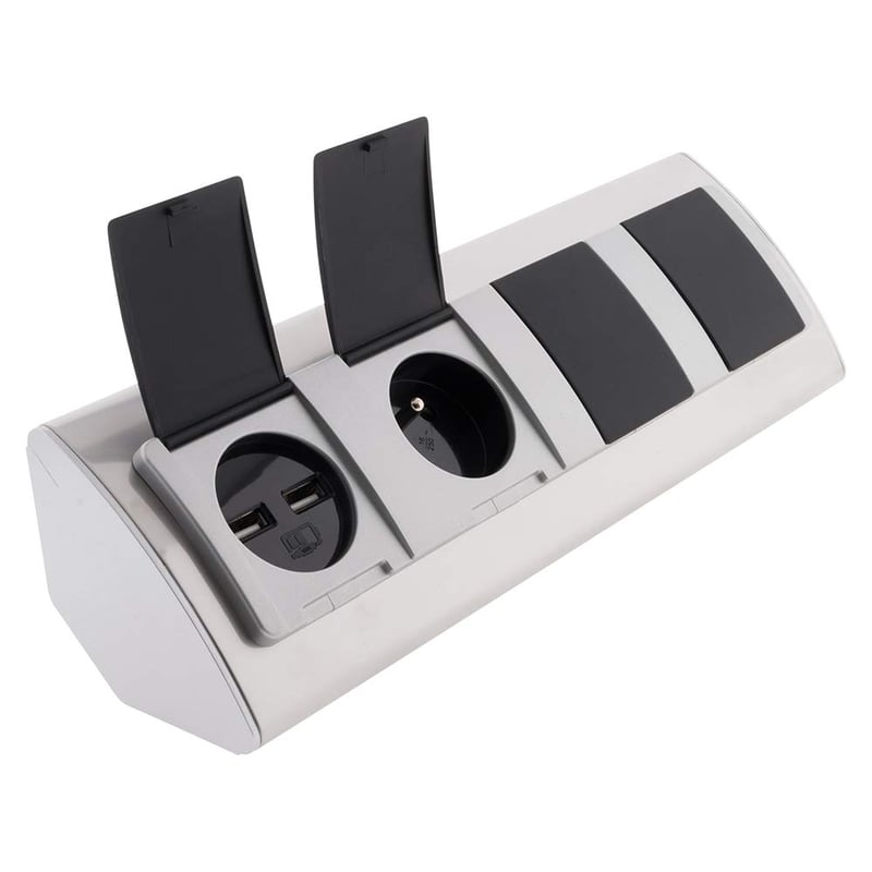 Otio Hliníková rohová zásuvka s krytom, 3 zásuvky 16A + 2 USB porty 2,4A, 3680W 230V, kábel H05VV-F, vertikálna alebo horizontálna montáž